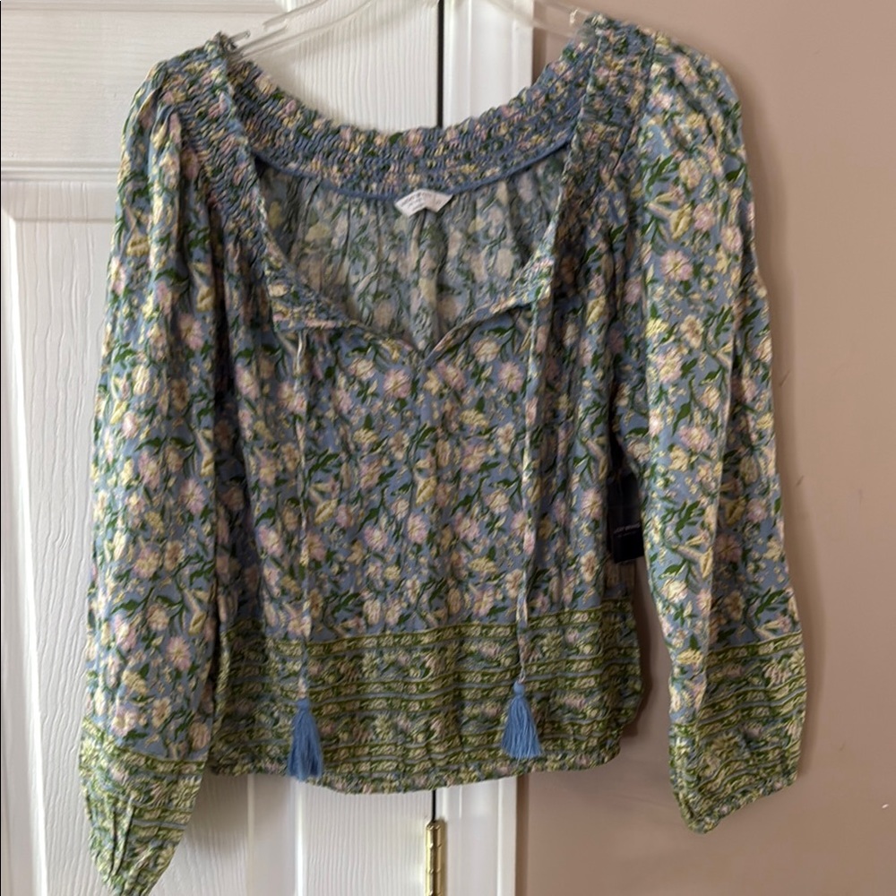 Lucky Brand Green and Blue Smocked Blouse with Sailor Collar